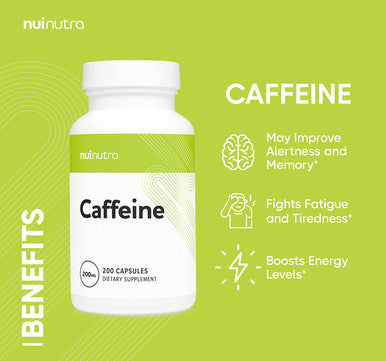 Nui Nutra Caffeine Pills | 200mg | 200 Capsules | Energy & Mental Focus Support Supplement | Pre Workout & Anti-Fatigue | Helps Support Alertness and Fight Daytime Sleepiness