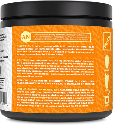 Amazing Nutrition BCAA 6000 | 6 Grams BCAA Per Serving | 30 Servings Powder | Branched Chain Amino Acid Supplement | Made in USA (Natural Orange)
