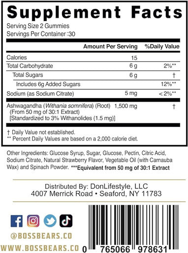 Boss Bears Ashwagandha Gummies, Chewy Strawberry, Improve Mood, 1500 mg per Serving, Gluten Free (30 Servings, Strawberry Flavor)