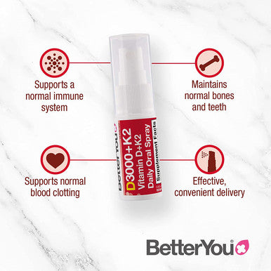 BetterYou Vitamin K2 and Vitamin D Spray Liquid Immune Support Supplement, 1000 IU Strength per Single Spray, 0.4 Fl Ounce (90 Sprays), Peppermint