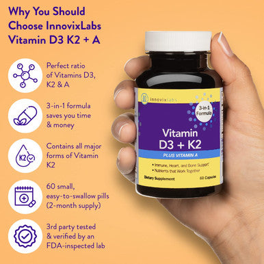 InnovixLabs ADK Vitamin Supplement Vitamin D3 K2 5000 IU Low Dose Vitamin A for Absorption Contains Both Vitamin K2 MK7 MK4 Supports Immune System Heart Bones 60 Capsules