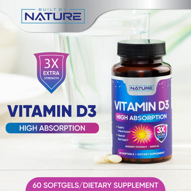 Built Nature Vitamin D3 High Potency 5000 Iu (125 Mcg), Bone, Teeth, Muscle & Immune Health Support, Non-Gmo, Gluten-Free, 2 Month Supply In Rapid-Release High Absorption Vitamin D, Easy To Swallow, 60 Softgels