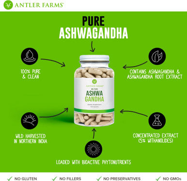 Antler Farms 100% Pure Ashwagandha Root and Ashwagandha Root Extract 130 Capsules 1200mg Standardized to 5% withanolides Enhances Mental Performance Energy and Immunity