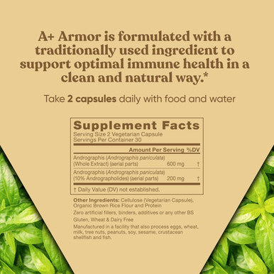 Eu Natural A+ Armor Andrographis Pure 800 Mg Healthy Immune System Function Physical Wellness Potent Strength for Seasonal Protection Full-Spectrum & Standardized 60 Vegan Soft Capsules