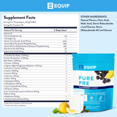 Equip Foods Pure Pre All Natural Pre-Workout Powder | Green Tea Caffeine Sea Salt EAA Vitamin C B6 B12 L-carnitine Agnine | Naturally Boosts Workouts | 30 Servings BlackBerry Lemon Caffeinated