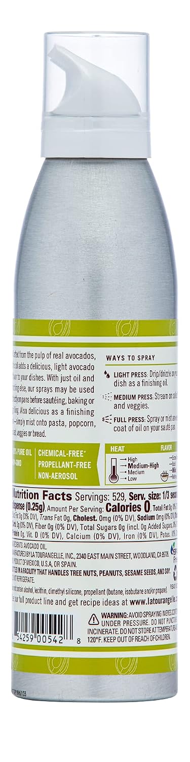 La Tourangelle, Avocado Oil Spray, All-Natural Handcrafted from Premium Avocados, Great for Cooking, Butter Substitute, and Skin and Hair Care, Spray Cooking and Grilling Oil, 5 fl oz (Pack of 2)