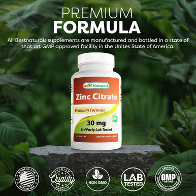 Best Naturals Zinc 30mg Supplements (as Zinc Citrate) - zinc Vitamins for Adults Immune Support - 120 Tablets (120 Count (Pack of 1))