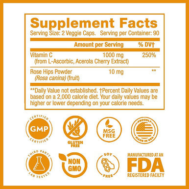 Vitamin C with Rose Hips Acerola Cherry 1000mg Pure Vitamin C Ascorbic Acid Supplement for Immune System Cardiovascular Support Healthy Skin NonGMO Gluten Vitamins 1 180 Capsules