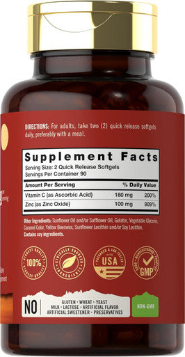 Carlyle Zinc Supplement 100Mg With Vitamin C 180 Softgels Non-Gmo, Gluten Tahoe Nutritionals