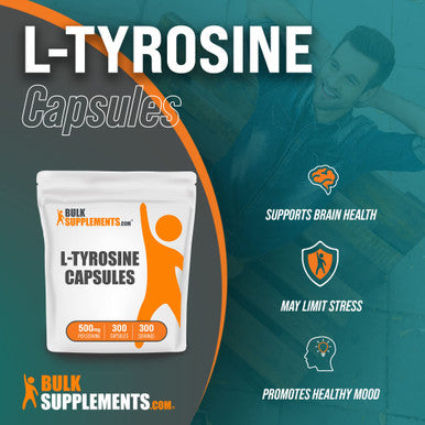 BulkSupplements L-Tyrosine Capsules - Amino Supplement for Energy & Focus - Unflavored, Soy Free - 1 Capsule - 300-Day (10-Month) Supply (300 Capsules)