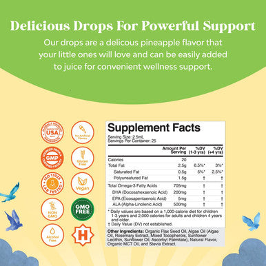 Natures Craft Liquid Omega 3 EPA DHA for Kids - Organic Vegan Omega 3 for Kids Brain Eye and Full Body Development with Vegan DHA EPA & ALA - Kids Omega 3 Liquid Supplement with Algae & Flaxseed Oil Liquid 2 Fl Oz