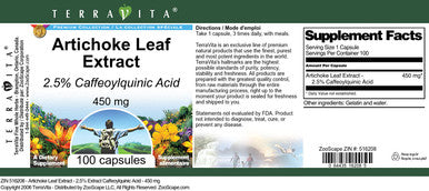 Terravita Artichoke Leaf Extract - 2.5% Caffeoylquinic Acid - 450 Mg (100 Capsules, Zin: 516208)