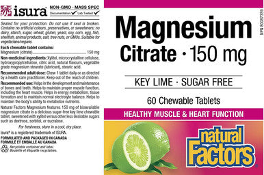 Natural Factors Magnesium Citrate 150 mg Tablets Key Lime Sugar Free 60 Count