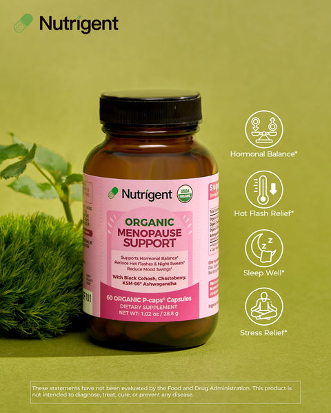 Nutrigent Usda Organic Ksm-66 Ashwagandha Vitex Berry & Black Cohosh Menopause Support Supplement For Women Natural Relief For Hot Flashes Night Sweats & Mood Swings Hormone-Free (60 Ct)