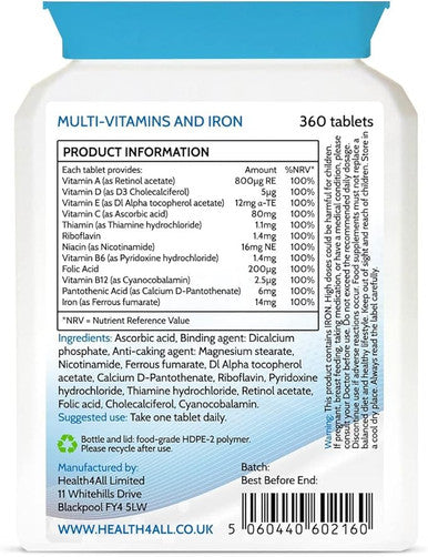 Multivitamins & Iron One a Day 90 Tablets . 100% RDA. Made in The UK by Health4All