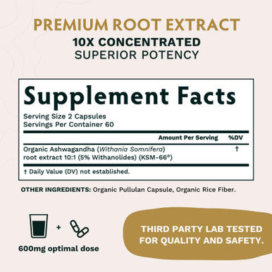 TRIBE ORGANICS Ashwagandha KSM 66 Pure Organic Root Powder Extract Ayurvedic Supplement 120 Capsules