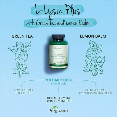 L-Lysine 1000mg VegaveroÃƒâ€šÃ‚Â® | NO Additives | Synergistic Formula with Green Tea and Lemon Balm Extracts | 180 Vegan Capsules