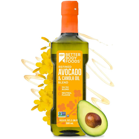 BetterBody Foods Refined Avocado Olive Oil 50/50 Blend, Non-GMO Cooking Oil, Gluten Free, Kosher, Frying, Baking, 500 mL, 16.9 Fl Oz
