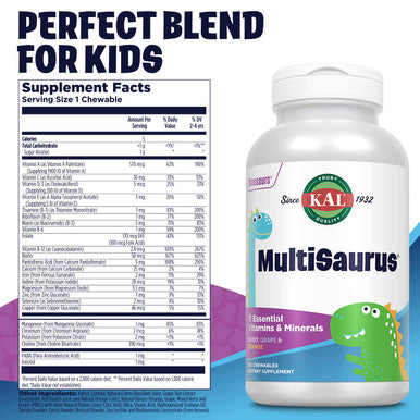 KAL Kids MultiSaurus Vitamins & Minerals | Berry, Grape & Orange Flavor | Childrens Daily Multivitamin | 180 Chewables