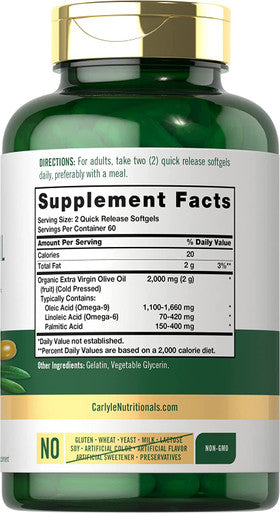 Olive Oil Supplement 2000mg 120 Softgels Cold Pressed Extra Virgin Olive Oil Non-GMO Gluten Free by Carlyle