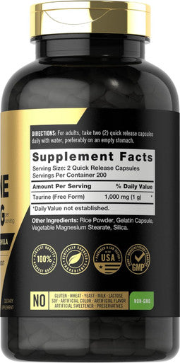 Carlyle Taurine 1000mg Capsules | 400 Count | Form | Non GMO Gluten Supplement