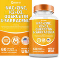 Nac Supplement N-Acetyl Cysteine Nac 1000Mg Zinc Blend 50Mg K2 100Mcg Vitamin D3 5000 Iu N-Acetyl Cysteine 1000Mg Quercetin 1000Mg Sarracenia Purpurea 1000Mg L-Lysine Supplement, 60 Count