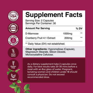 Natures Craft D Mannose with Cranberry Extract Capsules - Potent D Mannose Capsules for Kidney Cleanse and Urinary Tract Health for Women - D-Mannose 1000mg Capsules with 1000mg Per Serving (1 Month Supply)