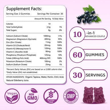 Calcium Magnesium Zinc Gummies - 1000Mg Calcium With Vitamin D3 & K2, Calcium Citrate Gummies For Bone, Muscle, Calm & Zzz Support -High Absorption Magnesium, Elderberry Flavored, 60 Count