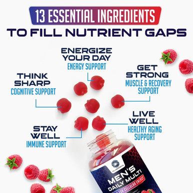 Men Multi Vitamin Gummy - Multi-Vitamin For Men Daily Nutritional Support With Vitamins A, C, D, E, B12, Zinc, Folate, Biotin & More - Focus, Energy, Memory & Immune Health Support - 60 Gummies
