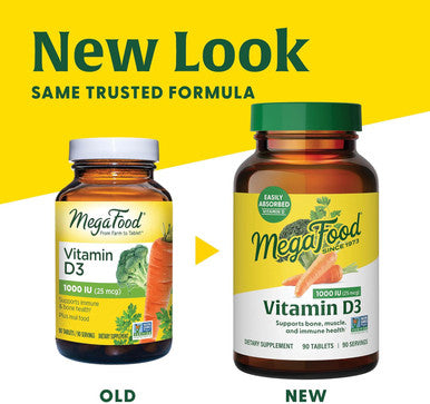 Megafood Vitamin D3 1000 Iu (25 Mcg) - Vitamin D Supplements With Real Food, Immune Support, Supports Bones, Teeth & Muscles, Vegetarian, Gluten-Free, Non-Gmo, Kosher 90 Tablets, 90 Servings