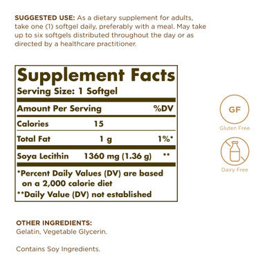 Solgar Soya Lecithin 1360 Mg - 100 Softgels - Source Of Choline - Gluten & Dairy Free - 100 Servings