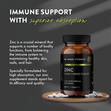Mt. Angel Vitamins - Zinc Citrate 50Mg - Zinc 50 Mg Citrate Chelate - Natural Zinc Supplements Made In Usa - 60 Vegetarian Tablets