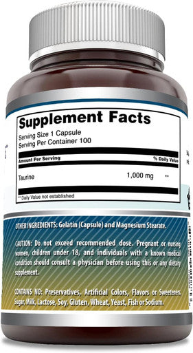 Amazing Nutrition Formulas Taurine Supplement | 1000 Mg per Serving | 100 Capsules | Non-GMO | Gluten- | Made in USA