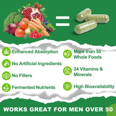 Mens Multivitamins 50 Plus, Whole Food Multivitamin Organic Natural Foods Mens Vitamins Multivitamin Men 50+ For Brain, Heart And Eye Health, Improve Digestion & Prostate Health, 60 Capsules