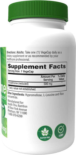 Glutathione Reduced 500mg Vegecaps Vegan Certified Fermented Non GMO and Hypoallergenic Master Antioxidant Healthy Skin and Cellular Aging Support by Health Thru Nutrition Pack of 60