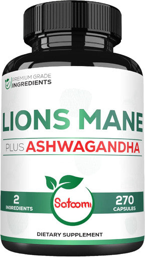 Satoomi Lions Mane Supplement Capsules With Ashwagandha Supplement - 270 Capsules - High Concentrated For Restful Mind Brain Health Immune System & Focus Support - Gluten-Free Non-Gmo