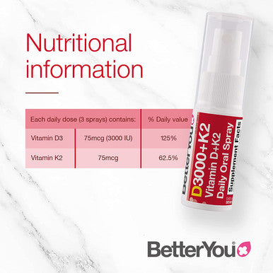 BetterYou Vitamin K2 and Vitamin D Spray Liquid Immune Support Supplement, 1000 IU Strength per Single Spray, 0.4 Fl Ounce (90 Sprays), Peppermint