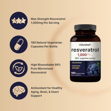 Naturebell Resveratrol Supplement 1000Mg Per Serving, 180 Veggie Capsules, 99% Pure Trans-Resveratrol, Antioxidant For Healthy Aging, Brain & Heart Support Non-Gmo