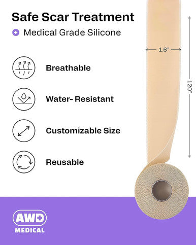 Awd Silicone Scar Sheets For Surgical Scars - Medical Grade Silicone Scar Tape For C Section, Tummy Tuck Tape, Keloid Treatment - Silicone Skin Patches After Surgery Must Haves (1.6" X 120" Roll)