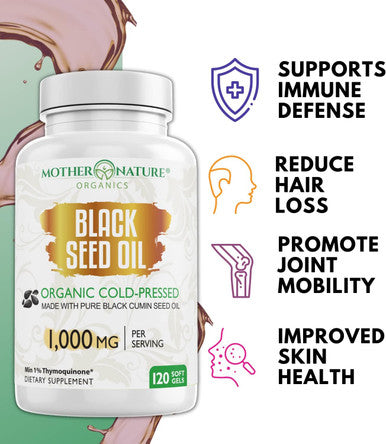 Mother Nature Organics Superfoods for Organic Living Black Seed Oil Capsules - 120 Count (Organic, Non-Gmo Liquid) Premium Cold Pressed Black Cumin Seed Oil - 500Mg Each, 1000Mg Per Serving W/Omega 3,6, 9
