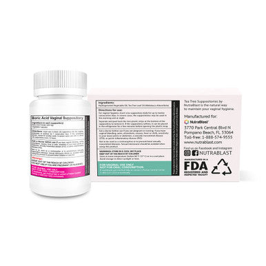 NutraBlast Boric Acid Vaginal Suppositories 600mg 30 Count w/ Tea Tree Oil Suppositories 12 Count All Natural Intimate Deodorant for Women Restore Feminine pH Balance