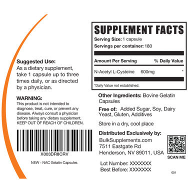 BulkSupplements NAC Capsules (N-Acetyl L-Cysteine) - Antioxidants Supplement for Immune Support - - 1 Capsule (600mg) - 6-Month Supply (180 Capsules)