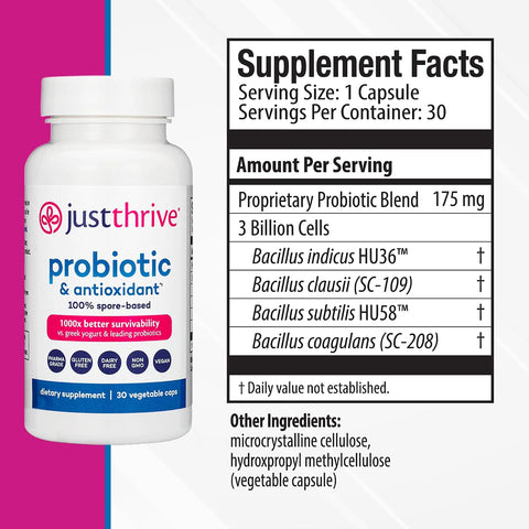 Just Thrive Probiotic & Antioxidant Supplement - 100% Spore-Based Digestive And Immune Support - Gluten 30 Caps