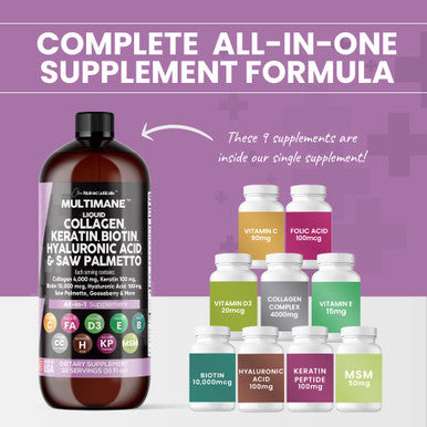 Liquid Collagen 4000mg Biotin 10000mcg Keratin 100mg Saw Palmetto Hyaluronic 100mg - Hair Skin and Nails Vitamins and DHT Blocker with Vitamin D3 MSM 50mg - 16 Fl. Oz