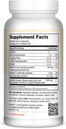Maxi Health Green Concentrate - Organic Energy Booster - Barley Grass - 180 Capsules - Kosher