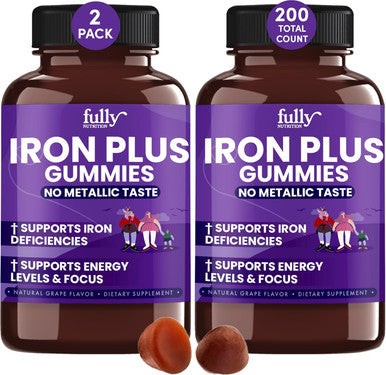 Iron Gummies Supplements For Adults (Women, Men) And Kids - Grape Flavor- Supports Anemia, Energy And Focus Levels - 200 Count