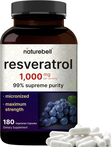 Naturebell Resveratrol Supplement 1000Mg Per Serving, 180 Veggie Capsules, 99% Pure Trans-Resveratrol, Antioxidant For Healthy Aging, Brain & Heart Support Non-Gmo