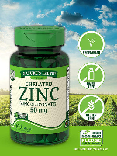 Nature's Truth Chelated Zinc 50mg | 100 Tablets | Essential Mineral Supplement | from Zinc Gluconate | Vegetarian, Non-GMO, Gluten