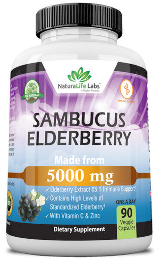 NaturaLife Labs Sambucus Elderberry 5,000 mg Super Concentrated 65:1 with Vitamin C & Zinc 90 Veggie Capsules