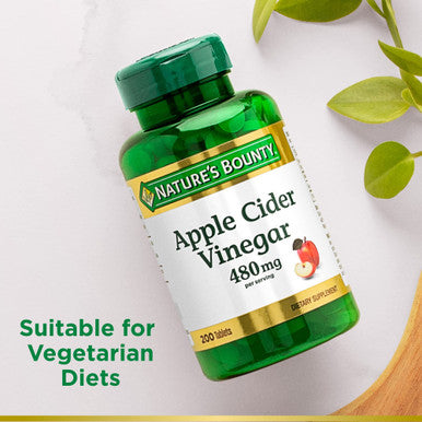 Nature's Bounty Apple Cider Vinegar 480Mg Pills Vegetarian Supplement Plant Based 200 Tablets